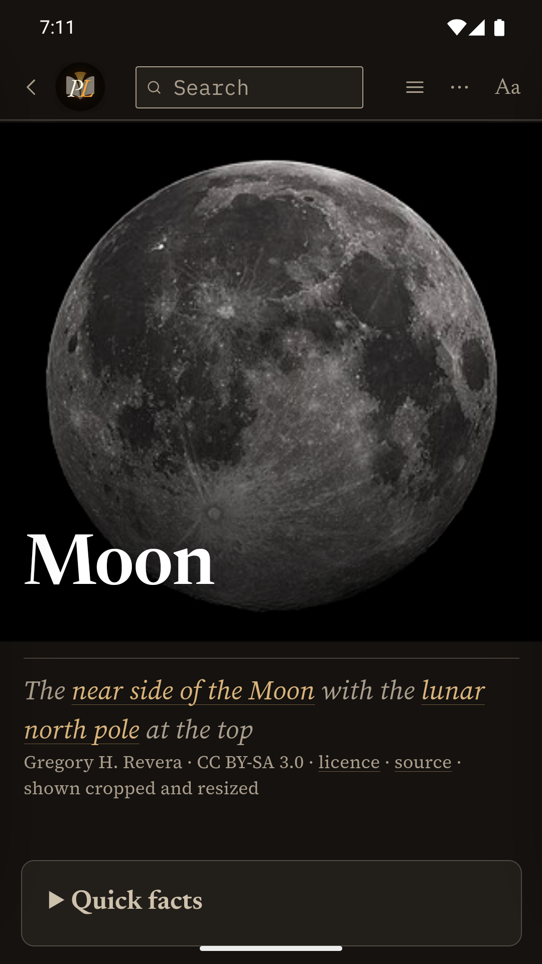 Moon article in Page Light with a large lunar photograph, title, image credit and collapsed Quick facts section