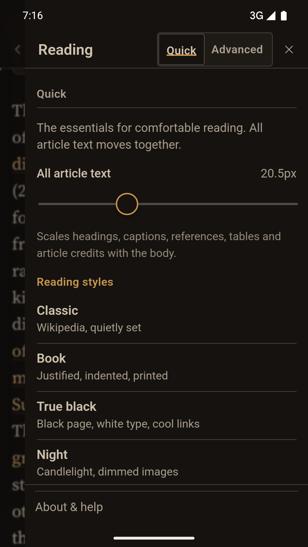 Page Light Quick controls showing whole-article text size and Classic, Book, True black and Night reading styles