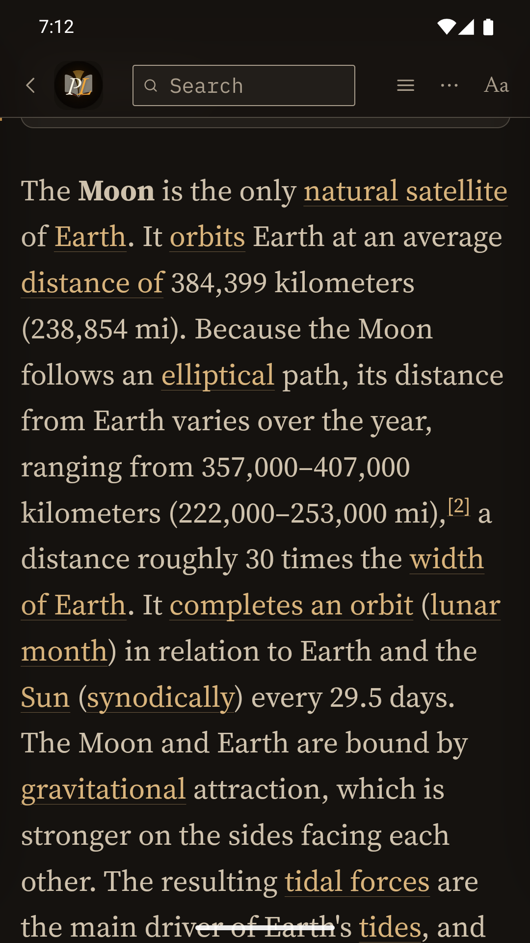 Moon article text enlarged in Page Light's warm Night style