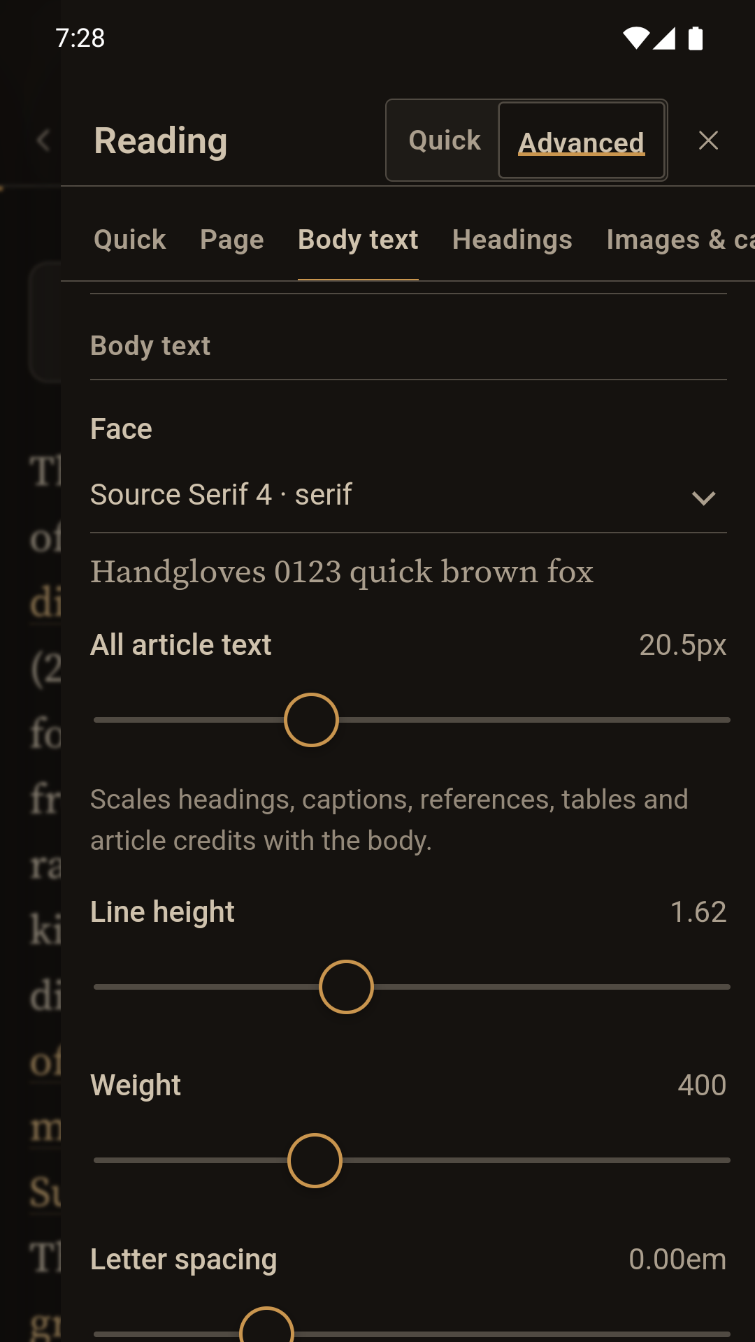 Page Light Advanced controls showing body typeface, text size, line height, weight and letter spacing