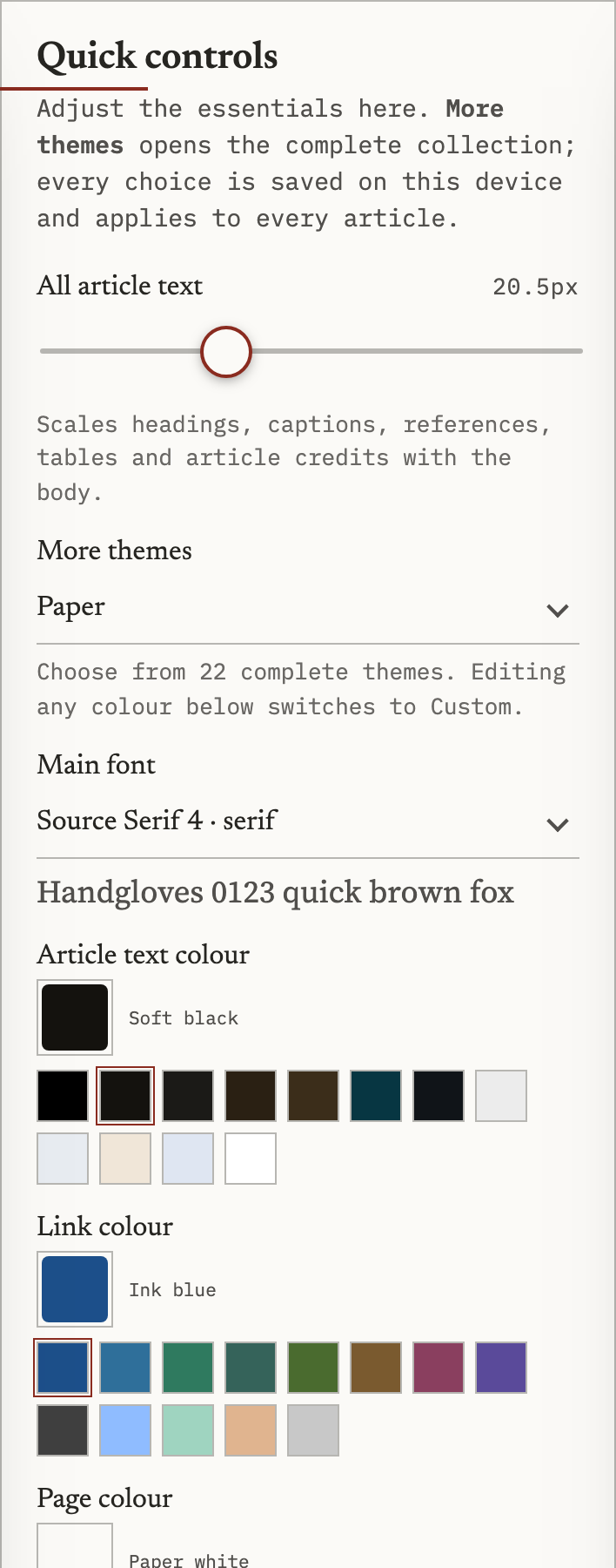 Page Light Quick controls on a phone, showing More themes and named colour choices