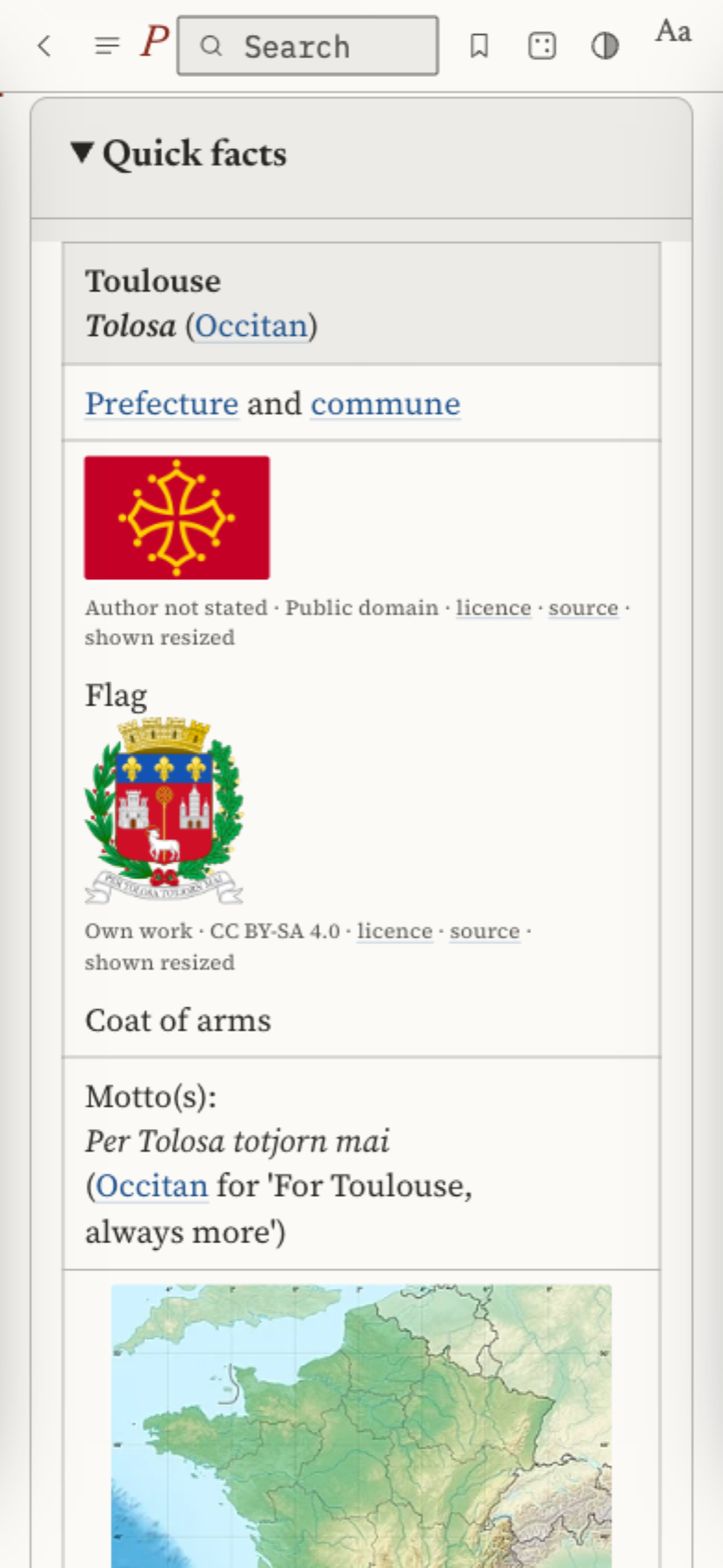 An expanded Toulouse quick-facts panel with an image and structured article information